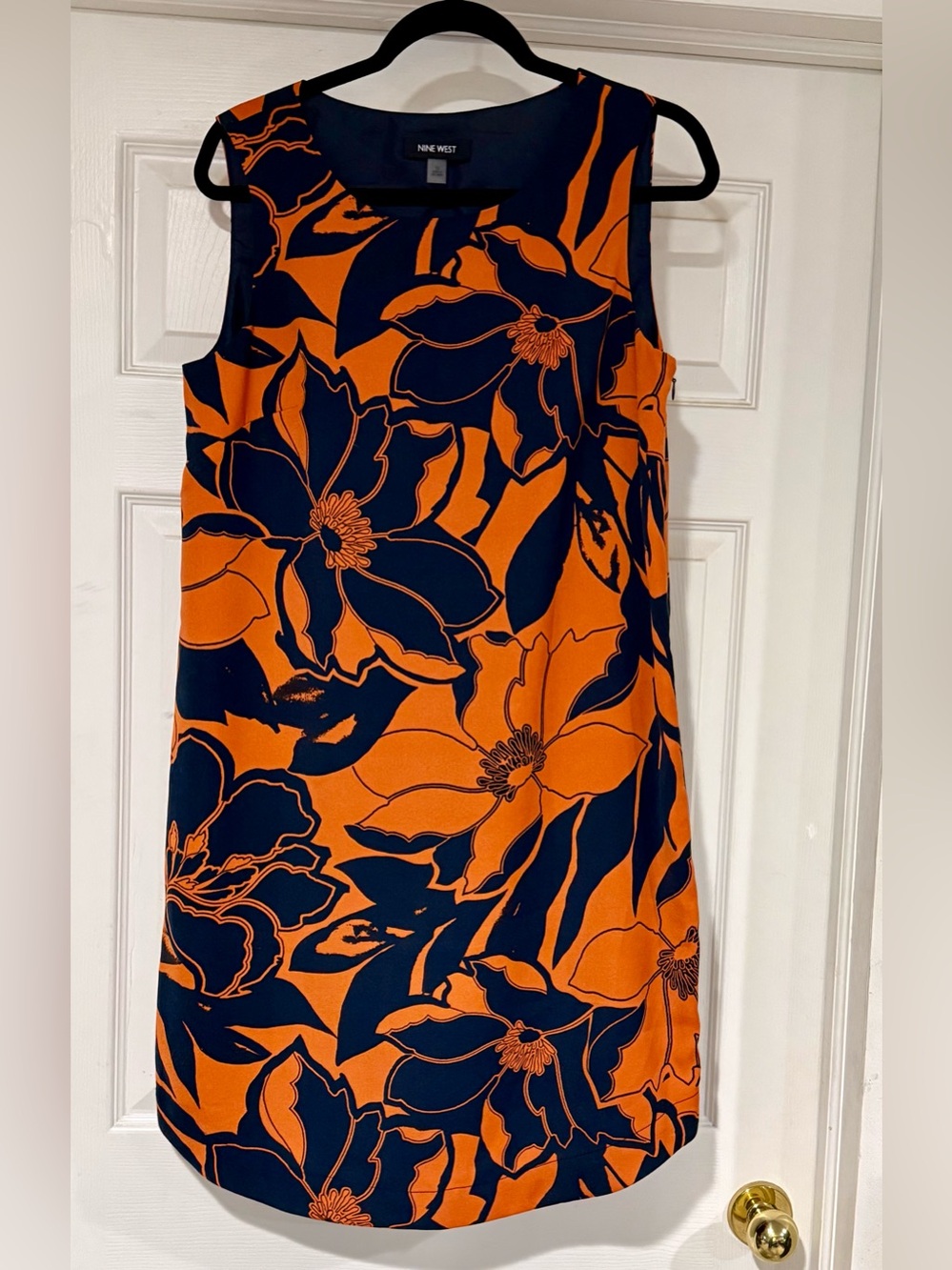 Nine West Orange and Navy Floral Sleeveless Shift Dress